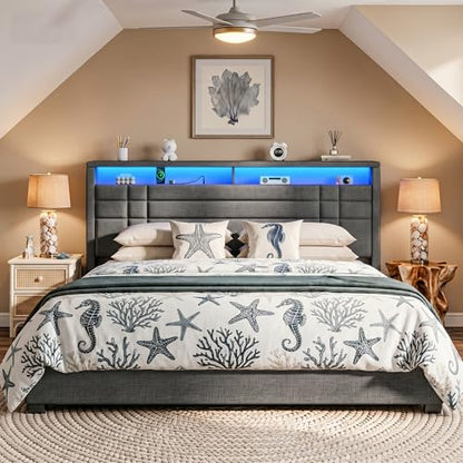EnHomee King Upholstered Bed Frame with Charge Station & LED Lights, Grey | 2-Tier Shelves Headboard, 12" Under-Bed Storage Space, Noise-Free, No Box Spring Needed, Easy Assembly - color: Grey, size: King (U.S. Standard)