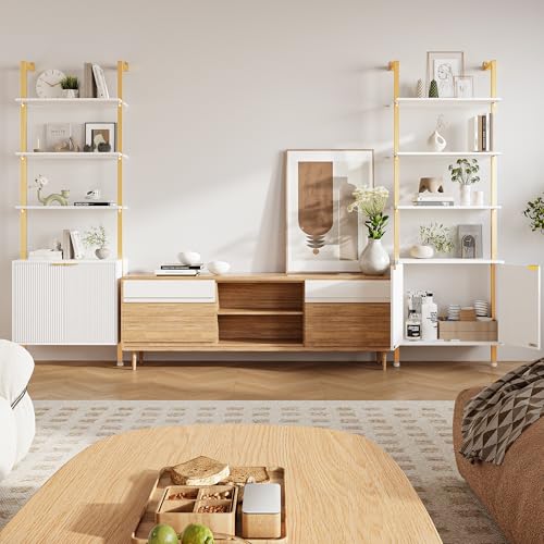 74" Tall Bookshelf with Storage Cabinet, Modern Ladder Shelf with Wood and Metal Frame, Wall Mount Bookcase Open Display Shelf Furniture for Living Room, Bedroom, Home Office, Gold - color: White & Gold