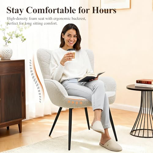 MALOL Mid-Century Sherpa Upholstered Accent Chair, Cozy Armchair with Curved Backrest, Sturdy Metal Legs, Soft Fabric Chair for Living Room, Bedroom & Reading Area,Beige - color: Beige, size: set of 2