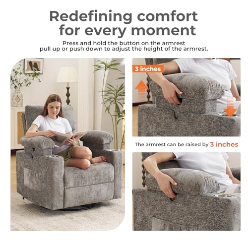 Rocking Chair Nursery with Adjustable Armrests, Electric Glider Recliner Nursing Chair, Power Swivel Recliner Chairs with Massage and Heat, Adjustable Headrest, Dark Grey - color: Dark Grey, size: Power Recliner