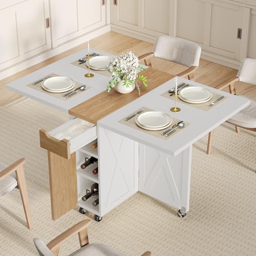 Folding Dining Table for 2-6, Easy Assembly, White+Oak | 52.7" Folding Dining Table with 6 Wheels, Drop Leaf Table with Drawers, Shelves and Wine Rack for Small Spaces - color: White