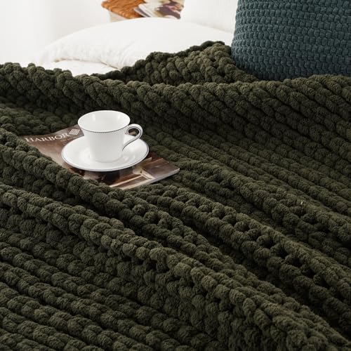 Olive Green Chunky Knit Throw Blanket, Knit Throw Blanket for Couch 50"x60" | Soft Thick Green Chenille Throw Blanket, Handmade Cable Knit Crochet Blanket for Bed, Sofa, Living Room - color: Olive Green