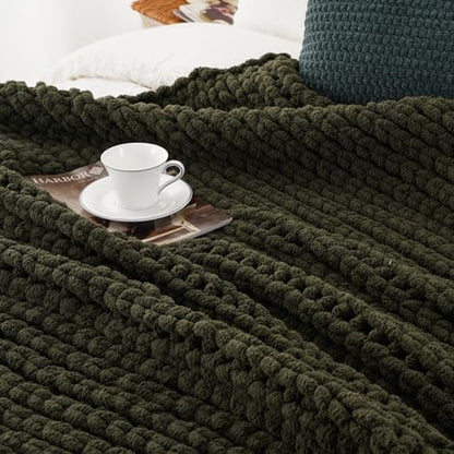 Olive Green Chunky Knit Throw Blanket, Knit Throw Blanket for Couch 50"x60" | Soft Thick Green Chenille Throw Blanket, Handmade Cable Knit Crochet Blanket for Bed, Sofa, Living Room - color: Olive Green