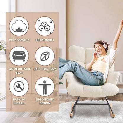 Rocking Chair Nursery Teddy Upholstered Glider Rocker Rocking Accent Chair Padded Seat with High Backrest Armchair Comfy Side Chair for Living Room Bedroom Offices (Ivory Teddy) - color: Ivory