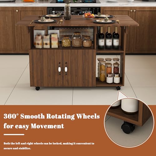 KEIKI 47 Inch Foldable Dining Table, Multi-Functional Folding Table with Storage Shelves and Wheels, Drop Leaf Extendable Dining Desk, Versatile Foldable Side Table for Kitchen, Dark Walnut - color: Drak Walnut