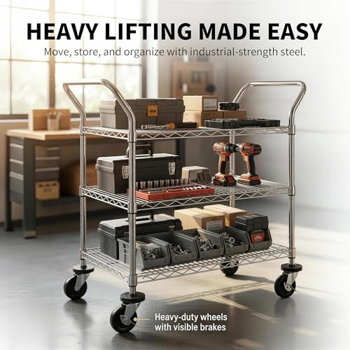 Finnhomy 3-Tier Commercial Grade Rolling Cart, Heavy Duty Utility Cart with Wheels and Handles, Metal Kitchen Carts on Wheels with 500 lbs Capacity, Shelf Size 20" D x 36" W, NSF - size: 20"D x 43.3"W x 39.7"H