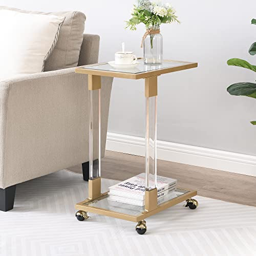 Clear Sofa Side Table C Shaped End Table with Wheels, Rolling Acrylic Bedside Laptop Snack Table TV Tray, Mobile Breakfast Tray Table with Tempered Glass Shelves and Clear Acrylic Frame - color: Acrylic Clear, Gold