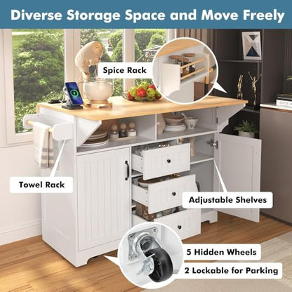 Kitchen Island with 2 Drop Leaf, Home Cart Island on Wheels Foldable Dining Table with Power Outlets,3 Drawers,Storage Cabinet, Tower Rack(White) - color: White