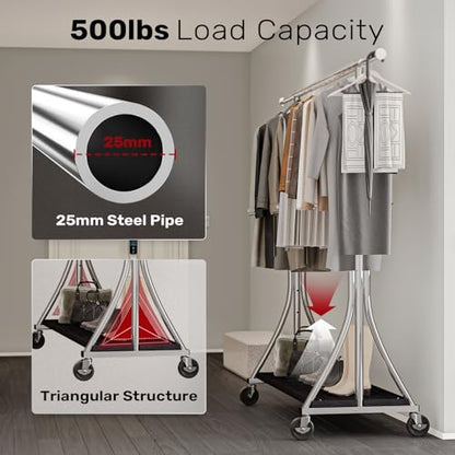 MAXLEAD Clothes Rack, Clothing Rack with Wood Shelves 500 LBS Heavy Duty Garment Rack for Hanging Clothes Portable Closet Sturdy Coat Rack for Bedroom, Living Room, Laundry, Balcony, Silver | Heavy Duty Garment Rack, Easy Assemble Portable Closet Sturdy C