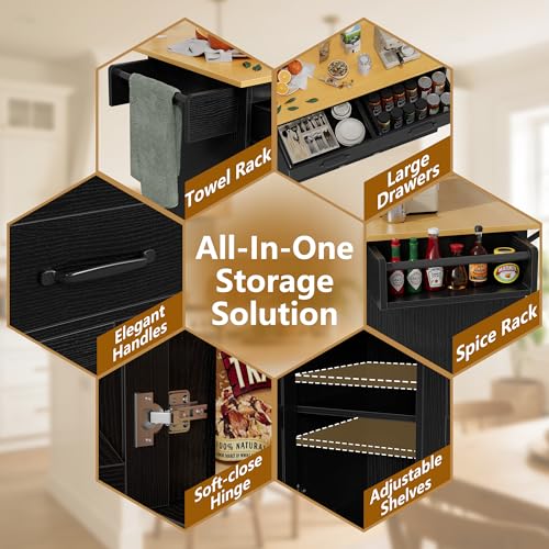 YESHOMY 56" Kitchen Island with Trash Can Storage, Drop Leaf Kitchen Island with Storage, 2 Drawers, 5 Wheels, Spice Rack & Towel Holder, Black and Yellow Oak - color: Black and Yellow Oak