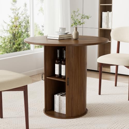 31.5 inch Round Dining Table for 2, Small Dinner Table with 2-Layer Storage Shelf, Morden Circle Kitchen Table with Wood Strip Base and Slide Door for Home Dining Room, Living Room, Walnut - color: Walnut, size: 31-Inch