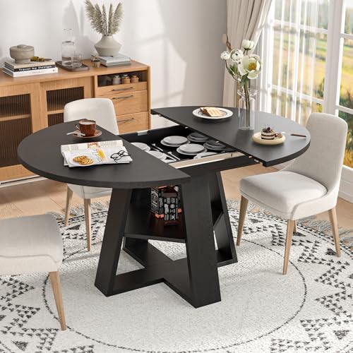 43.3"-59" Extendable Round Oval Dining Table for 4-8 with Storage Shelf | Modern Kitchen Oval Dining Table with Removable Leaves,Space Saving Extendable Table Wood Base for Kitchen Living Room BLack - color: Black