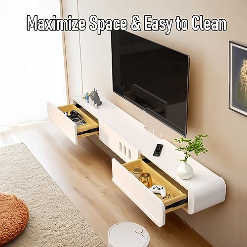 Floating TV Stand in Solid Wood, 71'' High Gloss Wall Mounted TV Cabinet, Floating TV Shelves with Door & Drawers, Modern Entertainment Media Console Center Large Storage Under TV - size: 70.86''