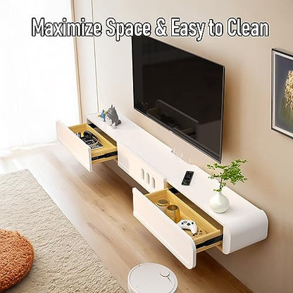 Floating TV Stand in Solid Wood, 71'' High Gloss Wall Mounted TV Cabinet, Floating TV Shelves with Door & Drawers, Modern Entertainment Media Console Center Large Storage Under TV - size: 70.86''