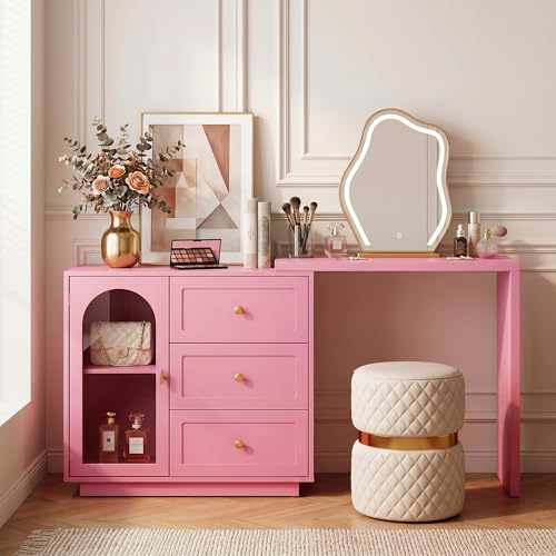 FansaFurn 59" L-Shaped Vanity Desk for Bedroom | 3 Drawers & 1 Door, Extendable Makeup Vanity Desk, Modern Dressing Table for Dressing Room, Pink - color: Pink, size: 59”