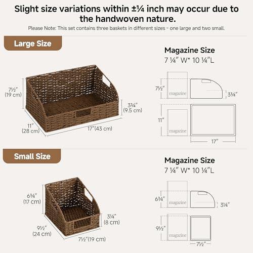 StorageWorks Pantry Storage Baskets, Shelf Baskets, Brown Baskets, 3-Pack | Paper Rope Pantry Baskets, Wicker Baskets with Handles, Handwoven Shelf Baskets for Organizing, Pantry Organizers and Storage - color: Dark Brown(Paper Rope), size: 17"L x 11"W x