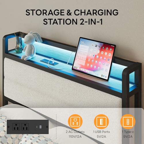 LIKIMIO Twin Bed Frame with Headboard, LED Lights and Charging Station | Upholstered sherpa storage headboard with LED & charger; heavy-duty slats; noise-free; modern elegance; natural and cream - color: Natural and Cream, size: Twin