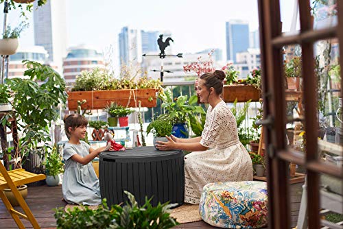 Keter Circa 37 Gallon Wood Panel Style Round Outdoor Deck Box and Storage Table, Grey - color: Grey