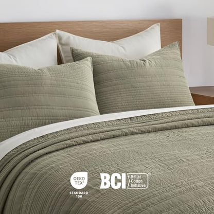 EVERGRACEHOME 100% Cotton Modern Lines Quilt Set Queen Size, Light Sage | Pre-Washed Soft Cotton, Striped Coverlet Bedspread, 3 Piece Lightweight Bedding Set for All Season, with 2 Pillow Shams - color: Light Sage, size: Full/Queen (92" X 92")