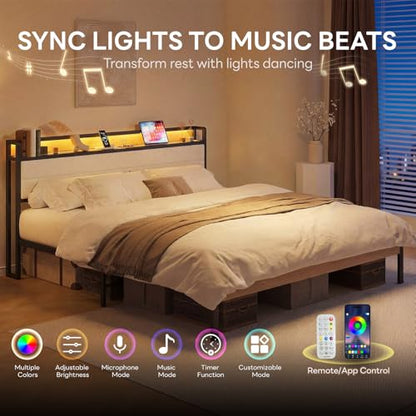 LIKIMIO King Size Bed Frame with Headboard, LED Lights and Charging Station | Upholstered sherpa storage headboard with LED & charger; heavy-duty slats; noise-free; modern elegance; natural and cream - color: Natural and Cream, size: King