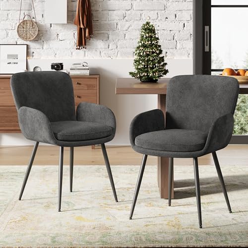 VKNOW Modern Upholstered Dining Chairs Set of 4 with Armrest, Dark Grey | Armed Dining Room Chairs with Metal Legs, Kitchen Chairs for Restaurant Kitchen Living Room - color: Dark Grey, size: Set of 4
