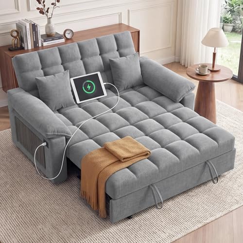 Vipbear Sleeper Sofa Bed, 70" Pull Out Futon Couch with Small Table| USB Port | Side Pockets | Tool-Free Assembly | Adjustable Backrest for Apartment, Office, Guest Room, Chenille Light Grey - color: Light Grey