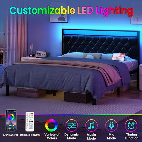 King Size Bed Frame with Charging Station, LED Light and PU Leather Upholstered Headboard, Platform Bed Frame with Under-Bed Storage, Easy Assembly, Noise Free, No Box Spring Needed, Black - size: King (U.S. Standard)
