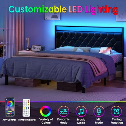 King Size Bed Frame with Charging Station, LED Light and PU Leather Upholstered Headboard, Platform Bed Frame with Under-Bed Storage, Easy Assembly, Noise Free, No Box Spring Needed, Black - size: King (U.S. Standard)