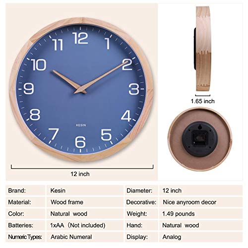 Kesin Wall Clock 12 Inch Silent Non Ticking Wood Wall Clocks Modern Simple | Battery Operated - Wooden Blue Clock Decorative for Kitchen,Living Room,Bedroom,Kid’s Room