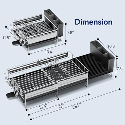 Stainless Steel Dish Drying Rack - Expandable Dish Racks for Kitchen Counter Organizer with Drain Board, Detachable Utensil & Cup Holder, Dish Drainer for Small Kitchen Counter, Black - color: Black