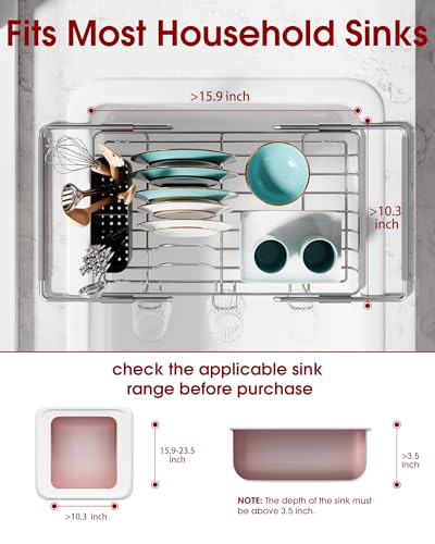 Sakugi Dish Drying Rack in Sink - Expandable Stainless Steel Dish Rack Over the Sink, Kitchen Sink Drain Strainer with Cutlery Holder & Cup Holders, 15.4 x 9.8 x 3.0 Inch, Grey - color: Gray, size: Standard - 15.4" × 9.8" × 3"