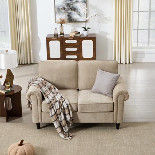 Loveseat 2 Seater Couch, Mid Century Modern Chenille Sofa with Rolled Arms and Deep Seats, Fluffy Comfort for Living Room, Apartment, Easy Assembly, Khaki - color: Khaki, size: Chenille Loveseat