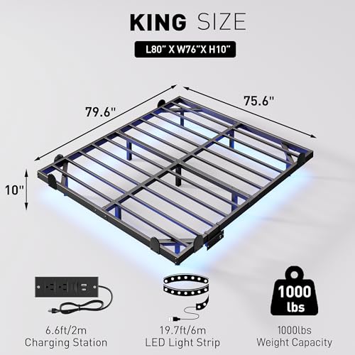 qimamo 10 Inch Floating King Bed Frame with Smart LED Lights and Charging Station, Modern Metal King Bed Frame, Easy to Assemble, No Box Spring Needed - size: King (U.S. Standard), style: Floating Look 10"
