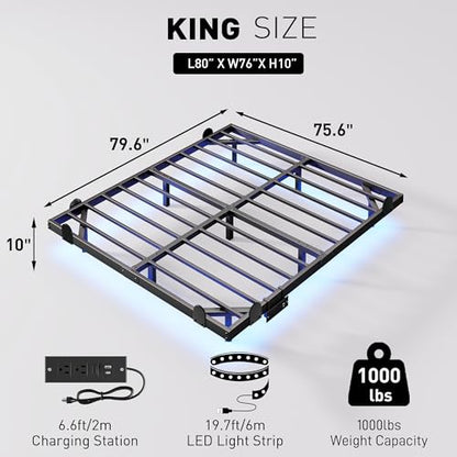 qimamo 10 Inch Floating King Bed Frame with Smart LED Lights and Charging Station, Modern Metal King Bed Frame, Easy to Assemble, No Box Spring Needed - size: King (U.S. Standard), style: Floating Look 10"