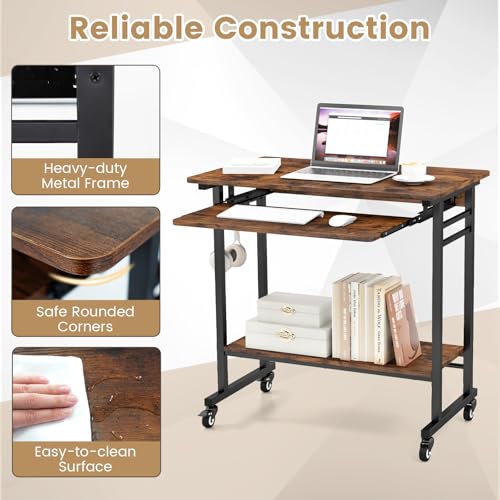 GIANTEX Rolling Computer Desk, Mobile Portable Desk with Keyboard Tray & Wheels, Laptop PC Table Cart with Shelf & Hooks, Industrial Small Desk for Small Spaces, Home Office, Bedroom, Rustic Brown - color: Rustic Brown