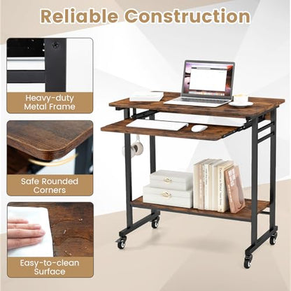 GIANTEX Rolling Computer Desk, Mobile Portable Desk with Keyboard Tray & Wheels, Laptop PC Table Cart with Shelf & Hooks, Industrial Small Desk for Small Spaces, Home Office, Bedroom, Rustic Brown - color: Rustic Brown