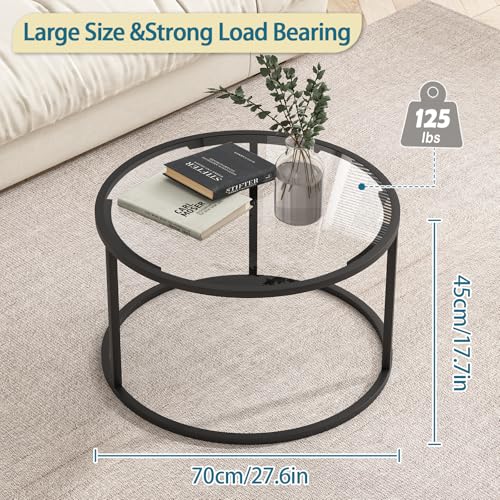 Round Coffee Table,Small Black Coffee Table for Living Room,27" Modern Center Table,Glass Top Clear Coffee Table with Sturdy Metal Frame for for Living Room Home Office, Easy Assembly,Black - color: Black, style: Round