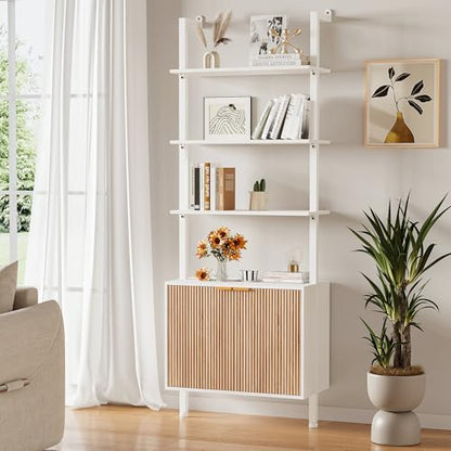 74" Tall Bookshelf with Storage Cabinet, Modern Ladder Shelf with Wood and Metal Frame, Wall Mount Bookcase Open Display Shelf Furniture for Living Room, Bedroom, Home Office, White and Oak - color: White & Oak