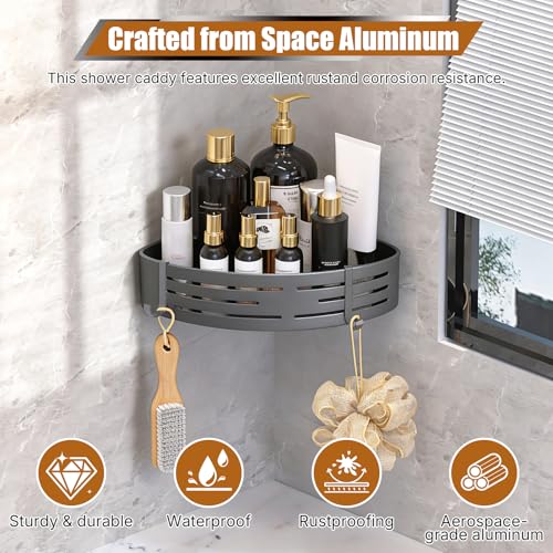 Matte Gray Corner Shower Shelf, 2-Pack Aluminum Bathroom Caddy Item Highlights No Drill Adhesive & Screw Mount, Rustproof Storage Rack with Towel Hooks for Shower, Toilet & Laundry Room