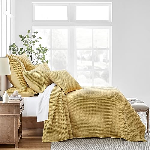 Levtex Home Mills Waffle Twin Bedspread Set (84x104in) with 1 Pillow Sham (26x20in) - Ochre - Cotton Waffle Twin Size Bedspread Set - Lightweight, Soft, Pre-Washed - color: Ochre, size: Twin Bedspread