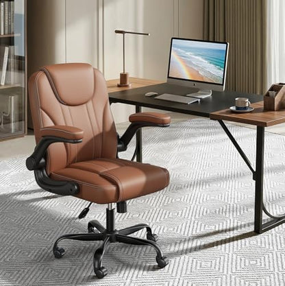 PU Leather Mid-Back Office Chair, Flip-Up Arms, 3.5" Dual-Layer Cushion | PU leather mid-back chair with 3.5" dual-layer cushion, flip-up armrests, swivel wheels, and pneumatic height adjustment - color: Brown