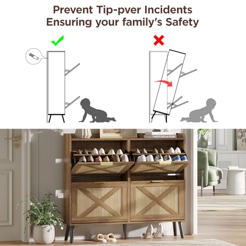 Maupvit Large Shoe Storage Cabinet with 4 Flip Drawers, Narrow Shoe Cabinet for Entryway with Wooden Legs, Freestanding Hidden Shoe Rack Organizer ＆ Metal Hinges, Rustic Oak Rattan - color: Rustic Oak Rattan, style: 4-Drawers
