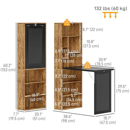 HOMCOM Foldable Desk Wall Mounted Convertible Table, Rustic Brown | Wall Mounted, Space-Saving, Chalkboard, Storage Shelves, for Small Spaces, Home Office, Bedroom, Dorm, Apartment - color: Rustic Brown