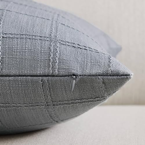 Linen Checked Throw Pillow Covers Set of 2, 24x24 Inch Allover Grid Blue Ashes, Farmhouse Decorative Double Sided Grid Embroidered Couch Pillow Cases Blue Cotton Linen Cushion Covers - color: Allover Grid Blue Ashes, size: 24" x 24" (Pack of 2)