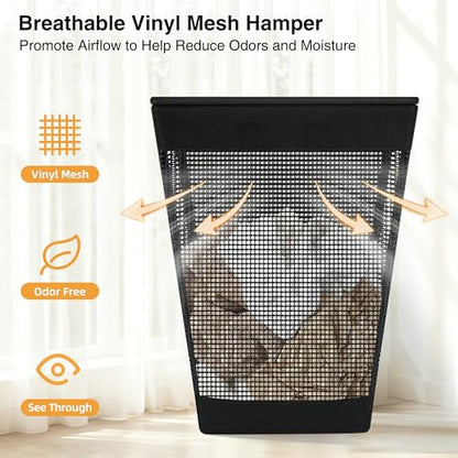 STO STO 75L Laundry Hamper with Lid, Black Clothes Hamper with Handles, Breathable Vinyl Mesh Laundry Basket, Sturdy Steel Frame, Space Saving Laundry Bin for Bathroom, Bedroom, Dorm, Small Spaces