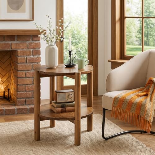 Solid Wood Round Side Table, 2-Tier Small End Table with Storage Shelf, Farmhouse Rustic Nightstand for Living Room, Bedroom, Small Spaces, Easy Assembly (1 PC, Natural Brown)