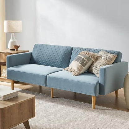 mopio 76.4" Futon Sofa Bed Chevron Styled, Sleeper Couch (Sky Blue Velvet) | Two-in-one seat and crash pad with plush cushioning; tapered legs add retro charm to tight rooms. - color: Sky Blue Premium Velvet