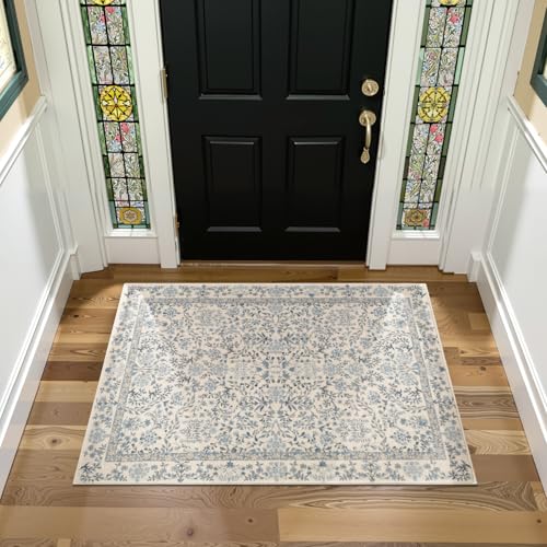 jinchan 3x5 Washable Living Room Area Rug, Vintage Floral, Blue/Cream | Soft Non-Slip Low-Pile, Botanical Aesthetic Throw Carpet for Entryway Bedroom Kitchen Nursery - color: Blue/Cream, size: 3' x 5' (Rectangular)