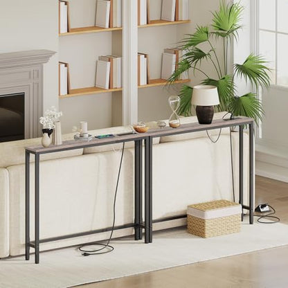 HOOBRO 39.4 Inch Narrow Console Table with Power Outlets, 5.9 Inch Sofa Table with Storage, Skinny Behind Couch Table, for Entryway Hallway, Small Spaces, Greige and Black BG52UXG01G1 - color: Greige + Black