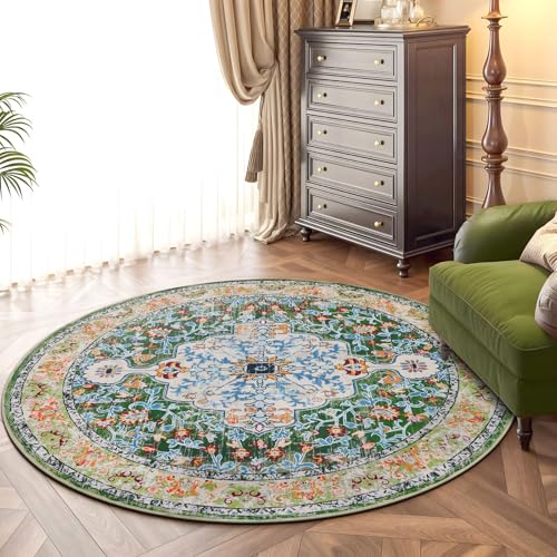 U'Artlines Boho Round Vintage Area Rug 4ft Machine Washable Carpet, Green | Low Pile Soft Floor Carpet Non Slip Non Shedding Circle Accent Rug for Living Room Bedroom Entryway Dining Room Office - color: Green, size: 4' (Round)